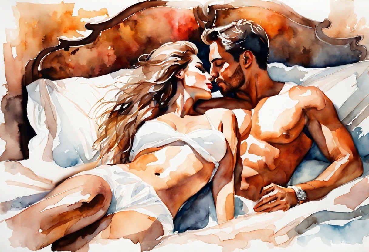 a watercolor painting of a man and woman lying on a bed - Is he cheating on me?