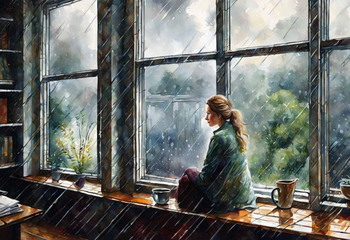 a woman sitting on a window sill looking out a window - Why did we break up?