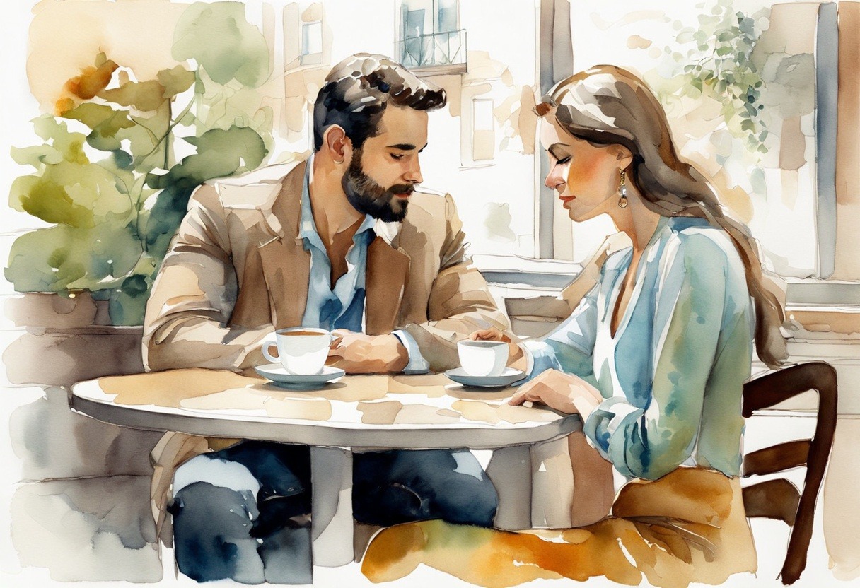 A watercolor illustration of a couple sitting opposite each other at a small table in a modern urban café. - What does he think about us?