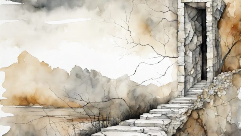 painting of a stone doorway leading to a black space - What is blocking us?