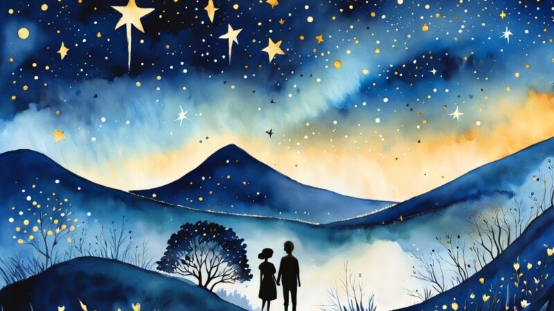 a man and woman standing in a field with stars and mountains - What’s the future of our relationship?