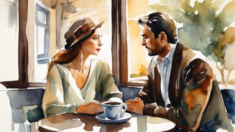 a man and woman sitting at a table talking - How can we communicate better?