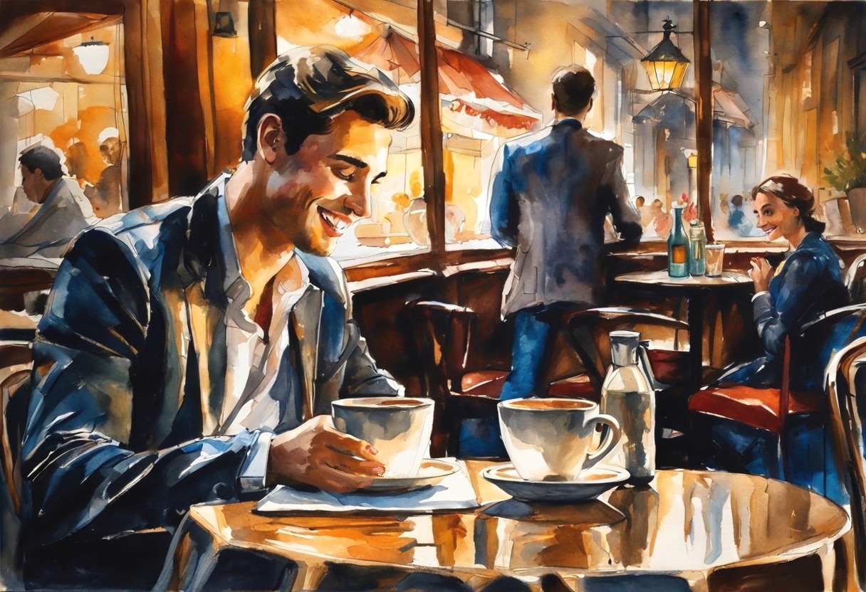 a man sitting at a table with a cup of coffee - Is he the one?